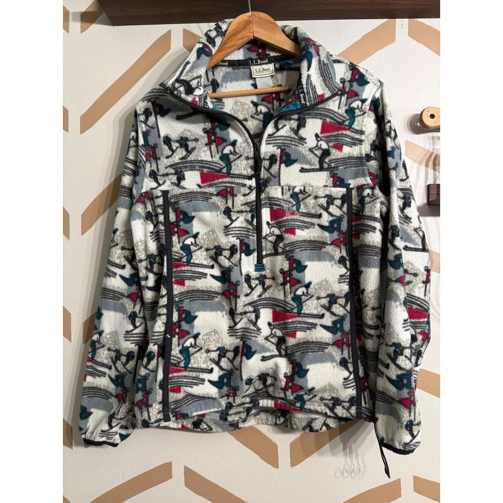 LL Bean Fleece Half Zip Women Medium Multi Color Vintage‎ Ski Graphic Pullover